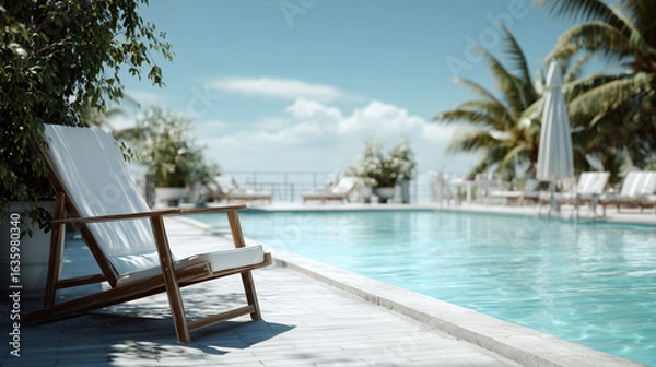 Obraz 青空の下のリゾートホテルのプールサイドのチェア