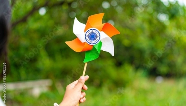 Fototapeta A hand holds a pinwheel with the Indian flag's tricolor design against a lush green background.
