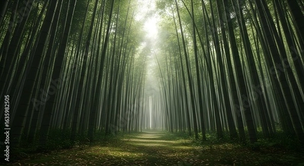 Fototapeta Sunlight shining through the trees in a dense forest, creating a serene and magical atmosphere