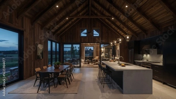 Fototapeta Luxurious modern kitchen and dining room in a rustic barn style home featuring open floor plan and exterior views at dusk