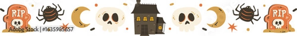 Fototapeta Halloween Spooky Border Pattern Design with Haunted House Moon Gravestone Candy Skull and Spider Illustration
