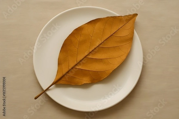 Obraz A Single Dried Teak Leaf Placed Diagonally on a Clean White Plate — Symbol of “Nature Visiting the Human Table”_1