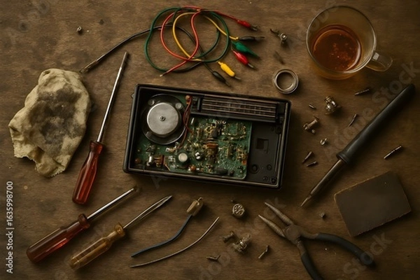 Obraz “Radio Repair Stall Table” — Chaotic Layout of Electronic Components, Oily Cloths, and Loose Screws_2