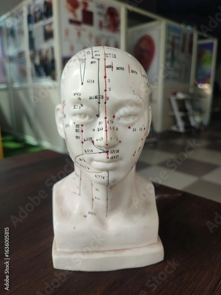 Obraz A Detailed Acupuncture Model of a Human Head Displayed at a Medical Exhibition