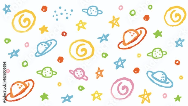 Fototapeta Colorful hand drawn space pattern with planets stars and spiral galaxy on a white background design