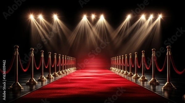 Fototapeta A luxurious red carpet leads up steps, flanked by velvet ropes and illuminated by bright spotlights in a dramatic, glamorous setting