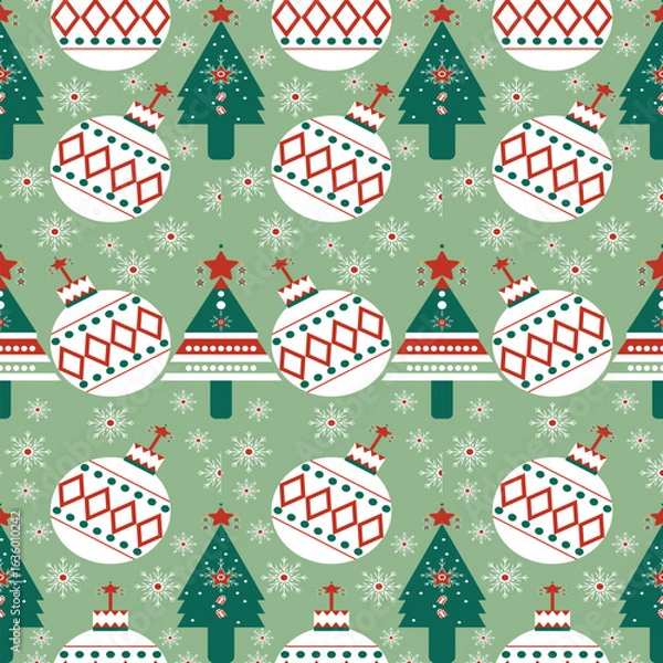 Fototapeta Christmas pattern white lines on green background. Vector illustration of seamless Christmas pattern for background perfect for word wraps, greeting cards, social media graphics - vector 300dpi