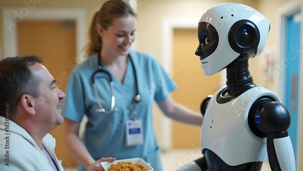 Fototapeta Medical technology A humanoid robot assists nurses by delivering meals, transporting lab samples, and answering patient questions through voice (2)