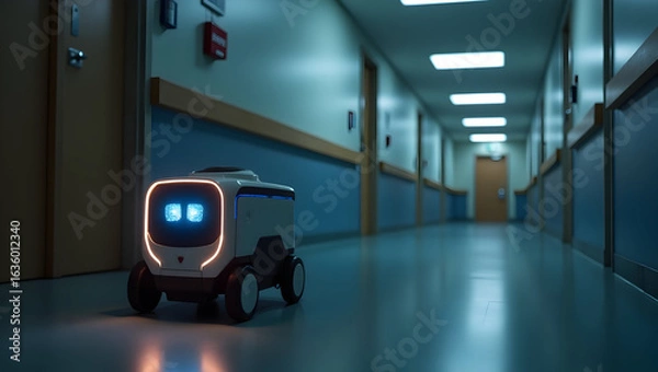 Fototapeta Medical technology A mobile robot patrols hospital corridors at night, scanning for security breaches and unauthorized access, reporting incidents (1)