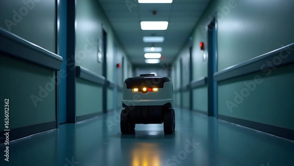Fototapeta Medical technology A mobile robot patrols hospital corridors at night, scanning for security breaches and unauthorized access, reporting incidents (3)