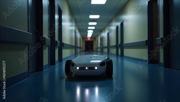 Fototapeta Medical technology A mobile robot patrols hospital corridors at night, scanning for security breaches and unauthorized access, reporting incidents (4)