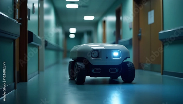 Fototapeta Medical technology A mobile robot patrols hospital corridors at night, scanning for security breaches and unauthorized access, reporting incidents (2)