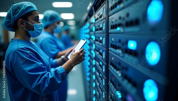Fototapeta Medical technology A team of IT specialists upgrades hospital network routers to improve real-time IoT device communication, ensuring stable connections (2)
