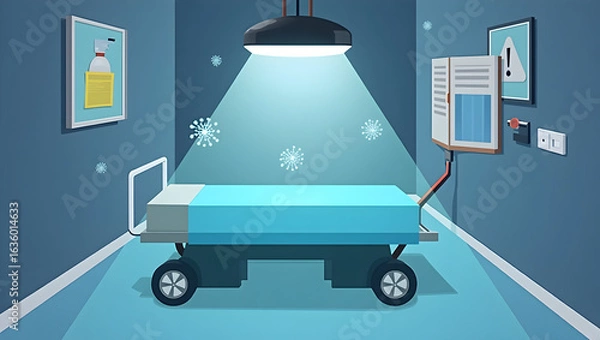 Fototapeta Medical technology An autonomous disinfection robot uses UV light to sanitize patient rooms, logging completion data and sending status alerts to hospital cleaning(3)