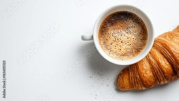 Fototapeta Photo of a cup and croissant on a white background, top view. Web banner with copy space on the right for text or logo.