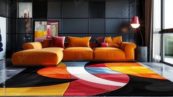 Fototapeta abstract patterned carpet in bold colors on minimal interior background