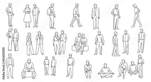 Fototapeta Diverse black and white line art human figures in various poses, suitable for architectural renderings, urban planning, and design project overlays.