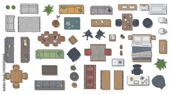 Fototapeta A comprehensive top-down collection of modern interior design furniture elements for architectural floor plans and home decor layouts.
