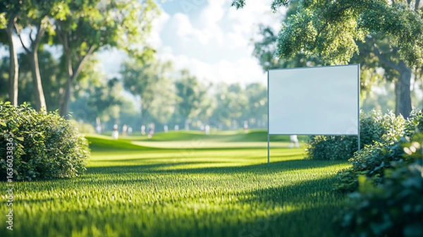 Obraz Blank banner or yardsign in golf course. blurred Golf players in the background. tournament is being played