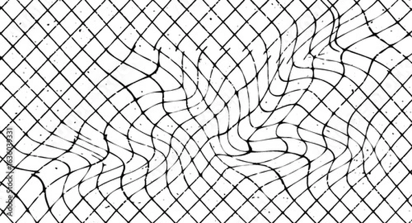 Fototapeta Distorted black grid lines on a white background create a visually captivating abstract pattern with a unique, organic feel, blending geometric precision with fluid asymmetry