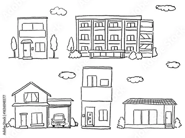 Fototapeta 家、マンション、住宅、、建物、（平屋、一戸建て、マンション）、線画