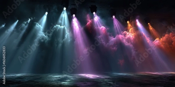 Fototapeta Dynamic rays of colorful light create a captivating atmosphere in a dark space during an entertainment event