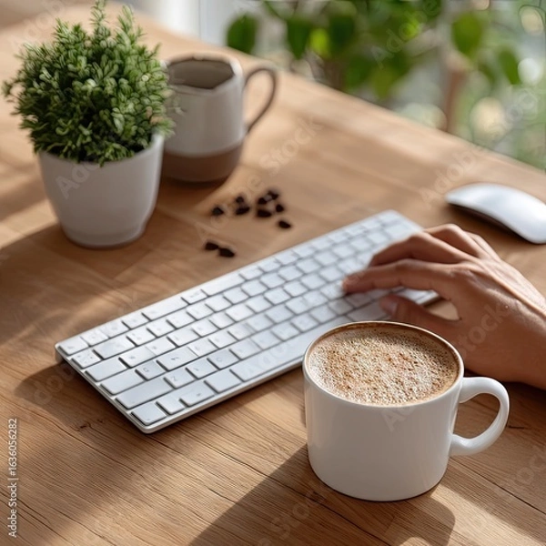Fototapeta Close-up Hands Typing on White Keyboard with Coffee Cup on Wooden Desk