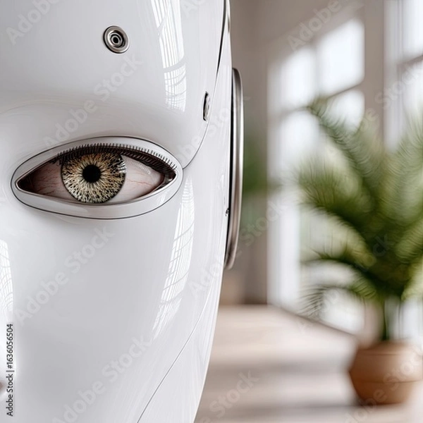 Fototapeta Close Up of a Realistic Robot Face with Digital Emotion Display
