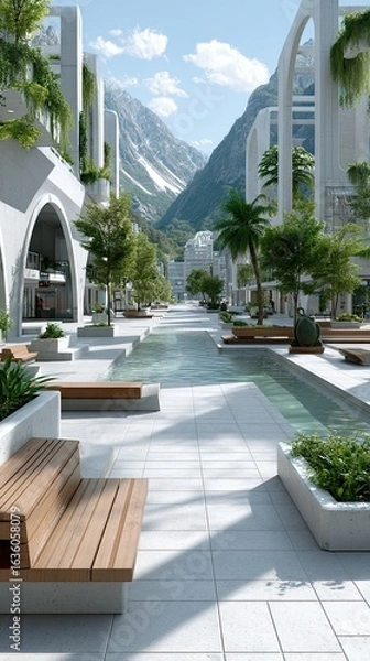 Fototapeta Futuristic Urban Park with Robotic Gardeners and Mountain View