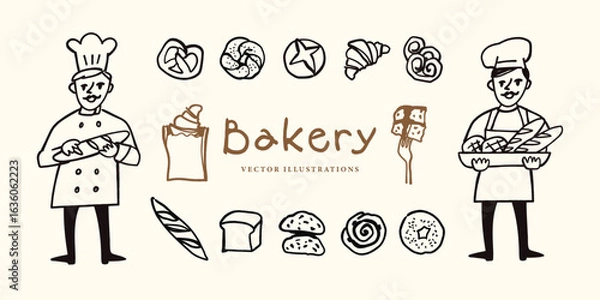 Fototapeta Bakery and Pastry Vector Illustration Set – Hand Drawn Bakers, Bread, Pastry and Dessert Illustrations in Sketch Style