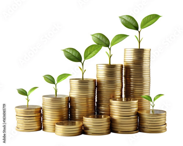 Fototapeta Growing stacks of gold coins with green sprouts isolated on transparent background