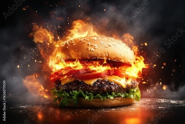 Obraz A burger engulfed in flames with a dark background
