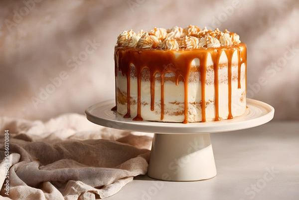 Fototapeta Close-up of a caramel drizzle layer cake with sea salt flakes on a sleek cake stand