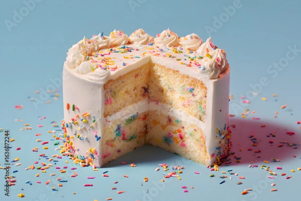 Fototapeta Vibrant slice of confetti cake with smooth white frosting and colorful sprinkles on blue background