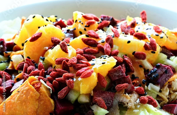 Fototapeta closeup of Kumara salad plate. selective focus. appetizing fresh food. ice lettuce, orange cubes, chicken breast slices, red beats, red goji seeds, celery bits, black sesame seeds. healthy eating