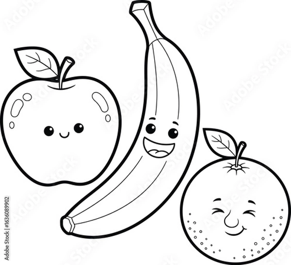 Obraz Whimsical Fruit Trio Icon Set Featuring Smiling Apple with Leaf, Curved Banana, and Textured Orange with Leaf in Playful Cartoon Style