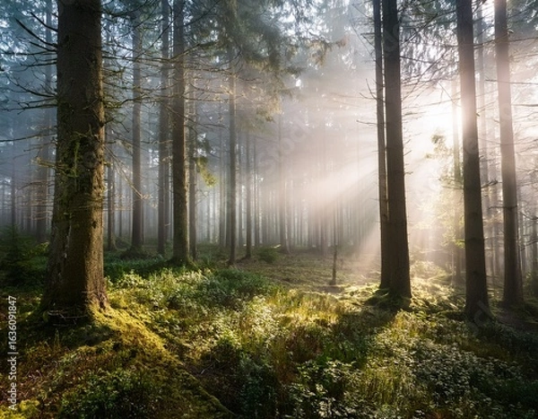 Fototapeta misty forest with sunlight filtering through the trees