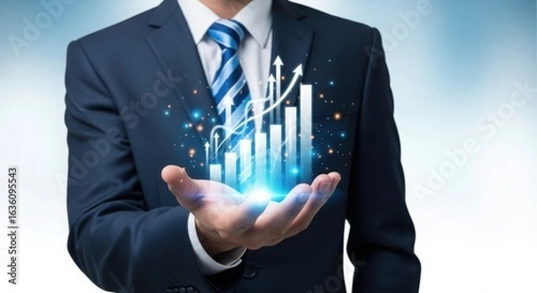 Fototapeta Futuristic business hologram with ascending bar graphs and arrows. Digital innovation concept with blue and white holographic growth. Modern corporate success visualization.