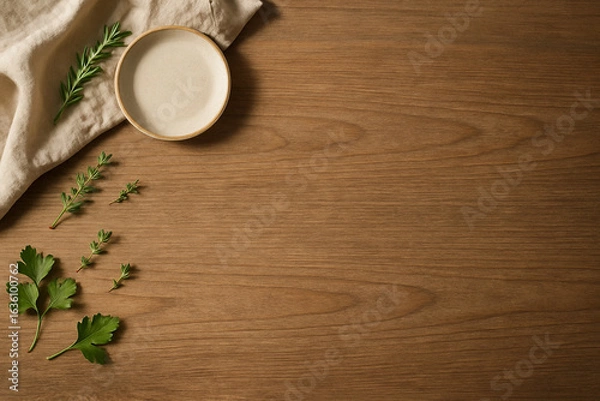 Fototapeta Rustic Wooden Tabletop with Herbs and Ceramic Plate – Minimal Background for Food or Product Design