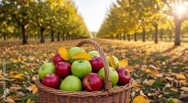 Fototapeta Apple harvest in autumn orchard with basket of fresh apples red and green apples fall season trees