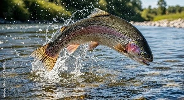 Fototapeta Rainbow trout jumping out of water, close up of fish, fishing, wildlife, nature, river, splash shot
