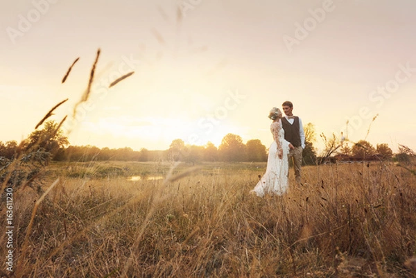 Fototapeta Newlyweds standing in the field with ears