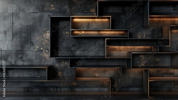 Fototapeta sleek black metal bookshelf with geometric layout