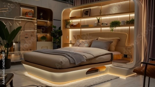Fototapeta smart multifunctional bed with built-in lighting and shelves