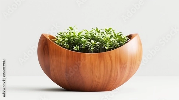 Fototapeta smooth maple wood flower pot with inward curve on white background
