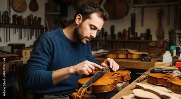 Fototapeta A skilled luthier carefully working on a violin in his workshop, crafting a beautiful instrument.