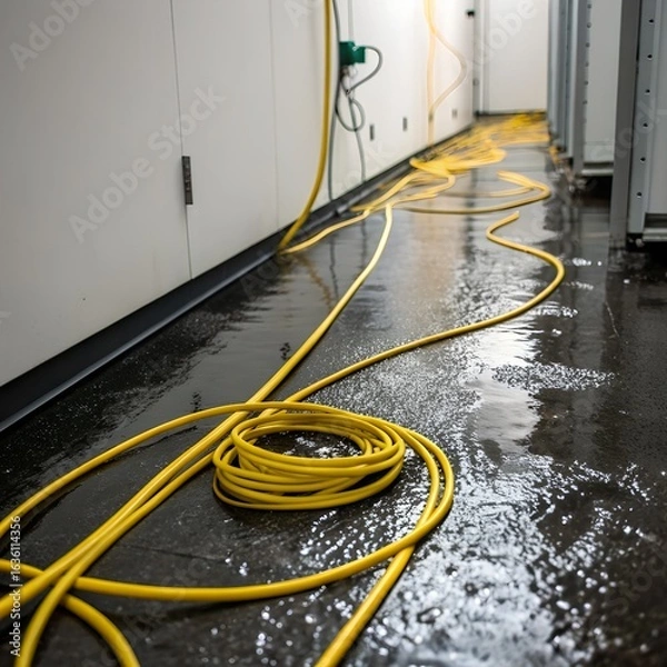 Fototapeta A yellow electrical extension cord lies coiled and uncoiled across a wet, reflective industrial floor in a dimly lit hallway
