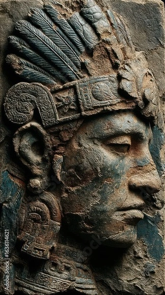 Fototapeta Intricate stone carving of an ancient warrior with feathered headdress and intricate jewelry from a historic civilization