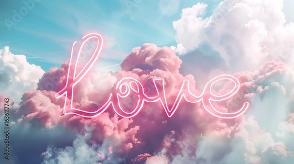 Fototapeta word love in cursive pink letters on soft cloud background
