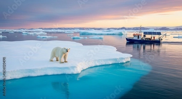 Fototapeta Exploring the arctic ocean: polar bear on iceberg with research vessel at sunset in greenland